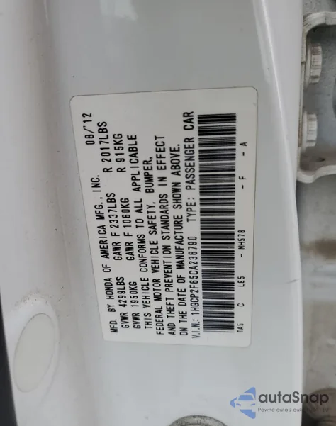 2012 Honda Accord Se z USA, uszkodzony, nr VIN 1HGCP2F65CA236790